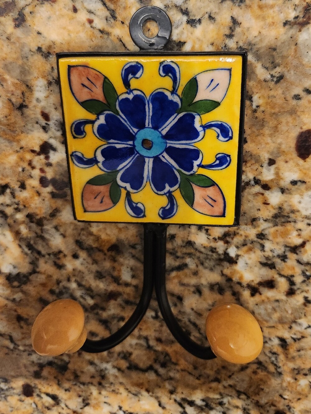 Hand-Painted Floral Ceramic Wall Hook in Yellow and Blue